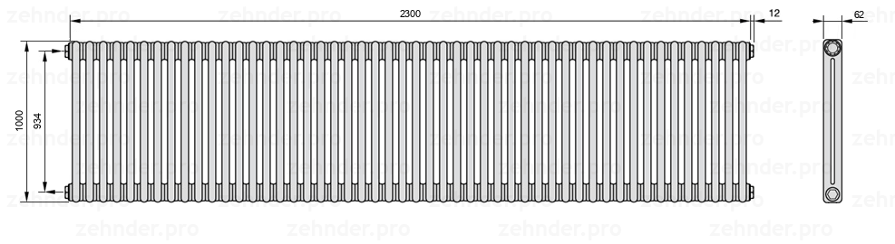 Схема (чертеж) Радиатор Zehnder Charleston 2100/50 №1270 Белый глянцевый RAL 9016
